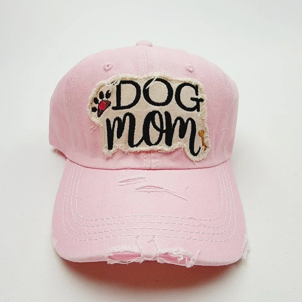 Dog Mom Distressed Relaxed Cotton Buckle Strap Full Cover Baseball Hat Cap Pink